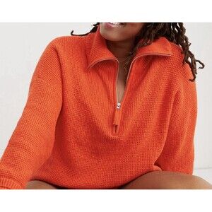 AERIE CozyUp Waffle Quarter Zip Collared Red Orange Sweater‎ XS NWT DEFECT
